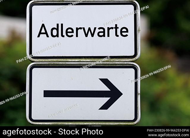 16 August 2023, North Rhine-Westphalia, Detmold: ""Adlerwarte"" is written on a sign in front of the grounds of the Adlerwarte Berlebeck
