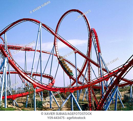 Dragon Khan Roller Coaster. Chinese area. Universal Port Aventura theme park. Tarragona. Catalonia. Spain