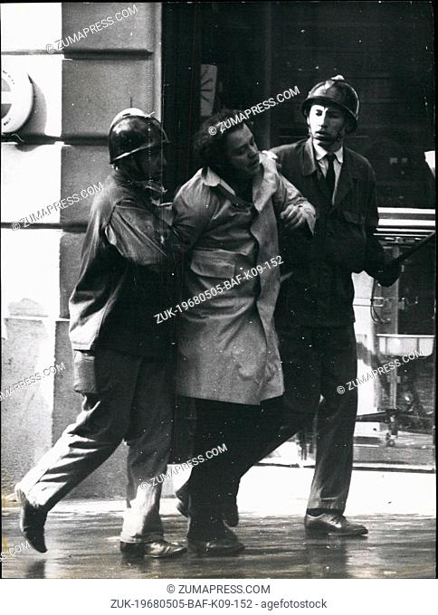 May 05, 1968 - Student Riots In Paris: The latin quarter in chaos yesterday as thousands of Paris students clashed with riot police. Photo shows