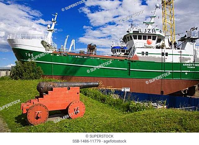Commercial fishing boat at a dry dock, Skansen, Tromso, Toms County, Nord-Norge, Norway