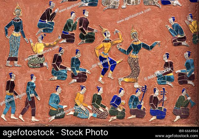 Scenes from mosaic showing rural life, outside wall of Tripitaka library, Wat Xieng Thong temple, Luang Prabang, Laos, Asia