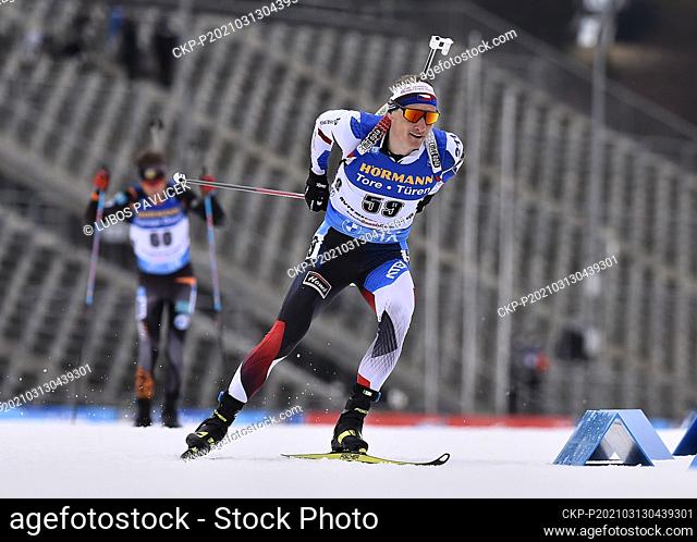 Ondrej Moravec of Czech Republic competes during the 12.5 km men's pursuit race at the Biathlon World Cup in Nove Mesto na Morave, Czech Republic, March 13