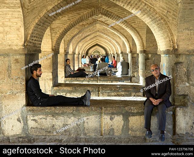 The Khadju Bridge over the Zayandeh Rud River in the Iranian city of Isfahan, taken on 04/23/2017. The two-story bridge with its 23 brick arches is 128