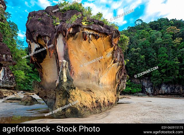 Geologically interesting sandstone rock formation at Bako National Park on Borneo. The park with its rich biodiversity and multiple biomes is also famous for...