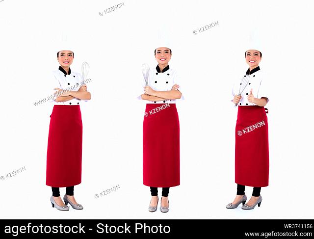 Asian chef, professional woman, compositing of three scenes, isolated on white background