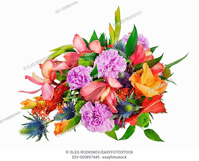 colorful floral bouquet of roses, cloves and orchids isolated on white background