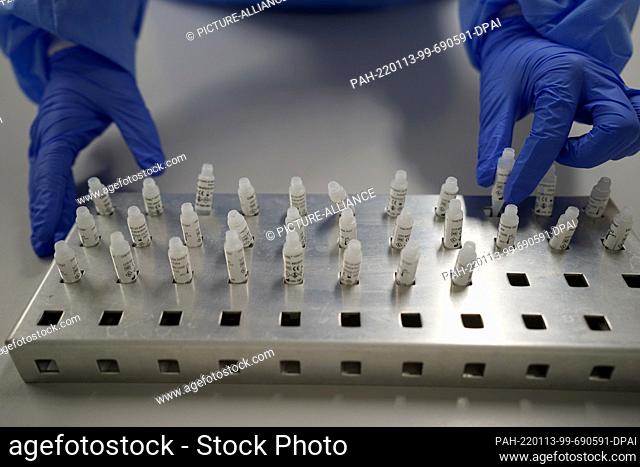 13 January 2022, Hamburg: Buffer solutions for the test samples are on a table in the laboratory of the Drive-in Corona test station Eimsbüttel ""Tierpark...