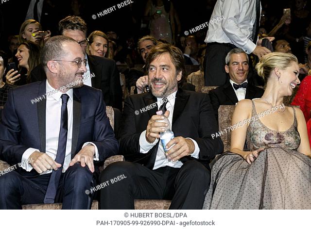 Director Darren Aronofsky (L-R) and actors Javier Bardem and Jennifer Lawrence attend the premiere of the movie 'Mother!' during the 74th Venice Film Festival...