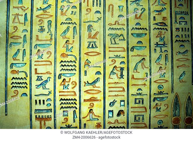 EGYPT, NEAR LUXOR, VALLEY OF THE QUEENS, INTERIOR WALL FRESCOES OF QUEEN AMONHERKHEPSEF'S TOMB, HIEROGLYPHS