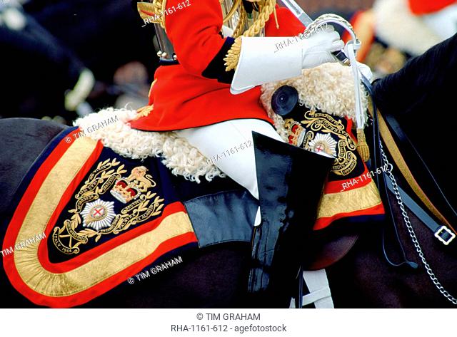 Close up detail of the uniform and tack of a mounted guardsman of the Lifeguards at the Trooping the Colour ceremony, London