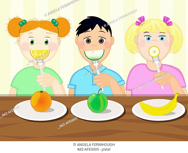 Three children eating healthy snacks