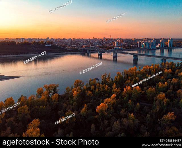 BARNAUL CITY. RUSSIA - SEPTEMBER 13, 2020: Aerial shot of view to Barnaul city. Siberia, Russia. Autumn beauty sunset on September 13, 2020 in Altayskiy krai