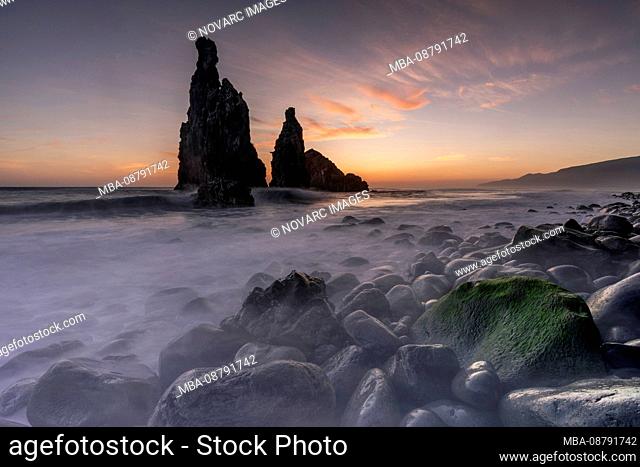 Ribera da Janela at sunrise, rocky beach with rock formation, Madeira, Ribera de Janela, Portugal