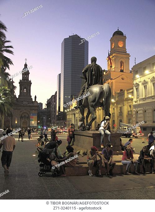 Chile, Santiago, Plaza de Armas, night, historic monuments, people,