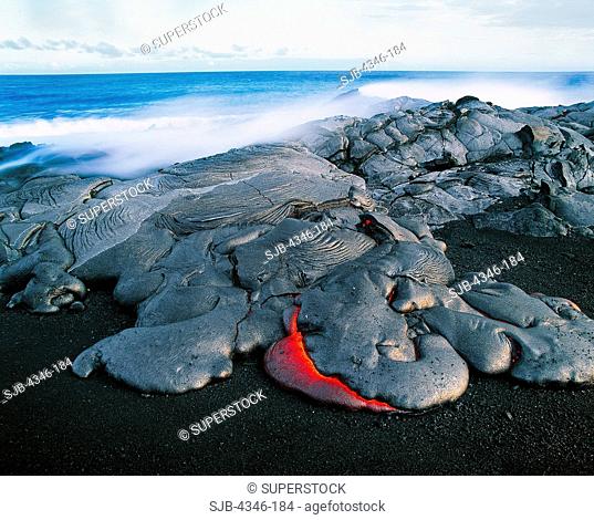Pahoehoe Lava Flow Spreading Over the Kamoamoa Black Sand Beach With Ocean in Background