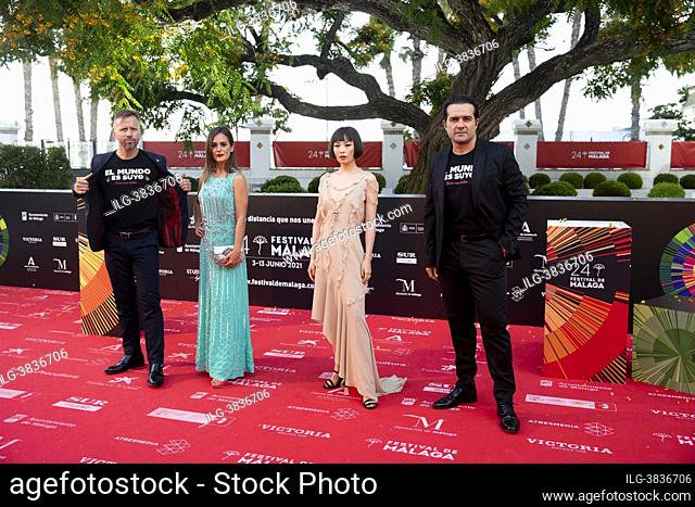 Alberto Lopez, Alfonso Sanchez ‘Los Compadres’ Chacha Huang and Carmen Canivell attends to Sevillanas de Brooklyn photocall on Malaga Film Festival 2021 June 9