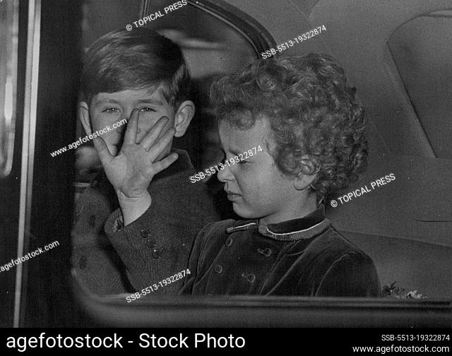 Royal Children Return To London -- H.R.H. The Duke of Cornwall and H.R.H. Princess Anne photographed at Buckingham Palace as they drove in from Windsor this...