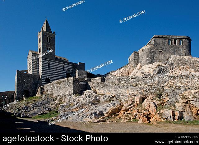 The historical church of San Pietro situated on the promontory of Portovenere, facing Palmaria Island. This typical fishing village is Unesco world heritage...