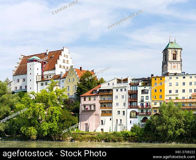 The famous waterfront and river Inn. The medieval old town of Wasserburg am Inn in the Chiemgau region of Upper Bavaria, Europe, Germany, Bavaria