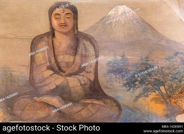 England, Dorset, Bournemouth, Russell-Cotes Museum, The Japanese Room, Wall Painting depicting a Statue of Buddha and Mt.Fuji