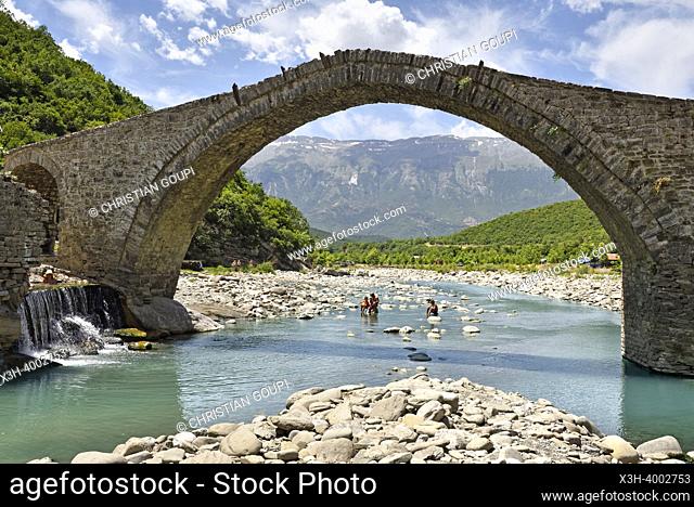 Ottoman Bridge and Hot Springs at the Langarice Canyon, Vjosa or Vjosë River, Albania, Southeastern Europe