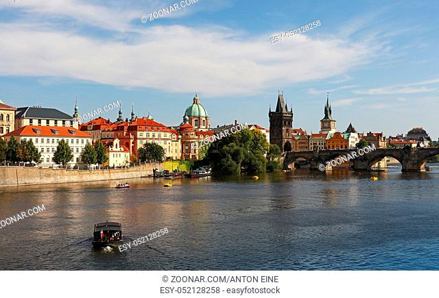 High angle view of Prague old town and Charles Bridge over Vltava river sunny day