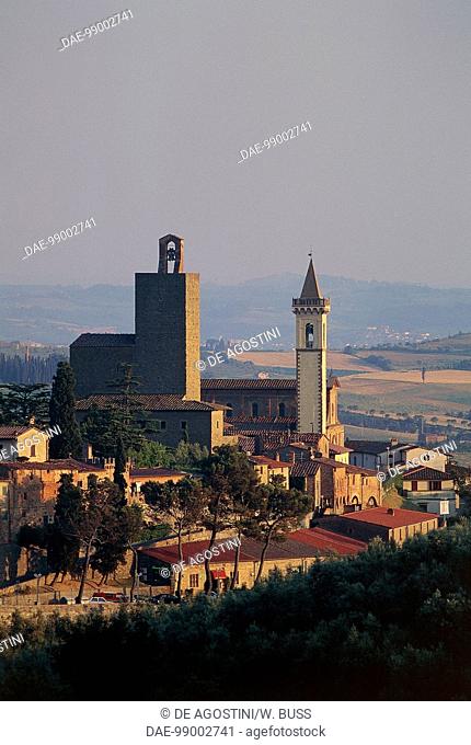 View of Vinci with the Church of St Croce and Guidi castle in the background, Tuscany, Italy