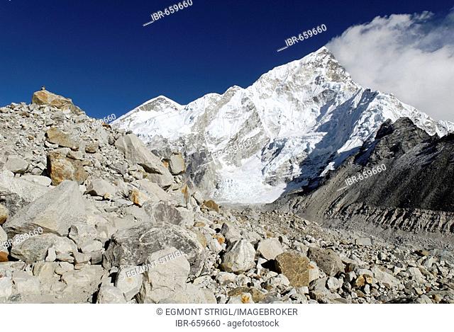 View over Khumbu glacier towards Nuptse (7861), Khumbu Himal, Sagarmatha National Park, Nepal