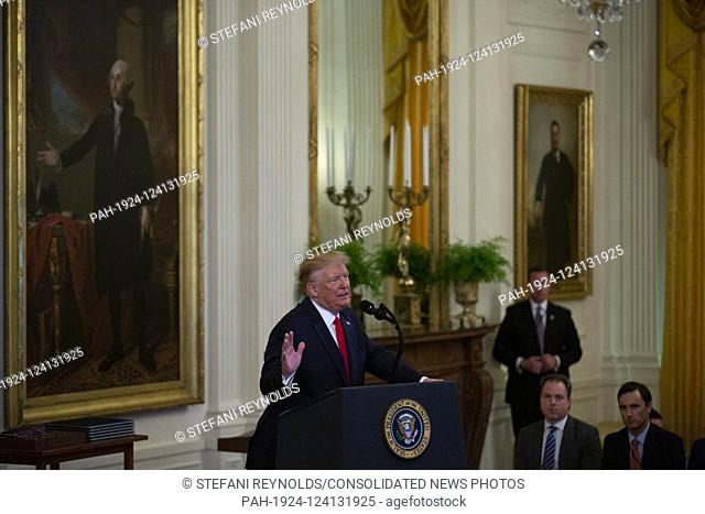United States President Donald J. Trump speaks during an East Room ceremony where he presented the Medal of Valor to six members of the Dayton Police Department...