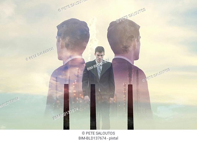Double exposure of businessmen and smoke stacks