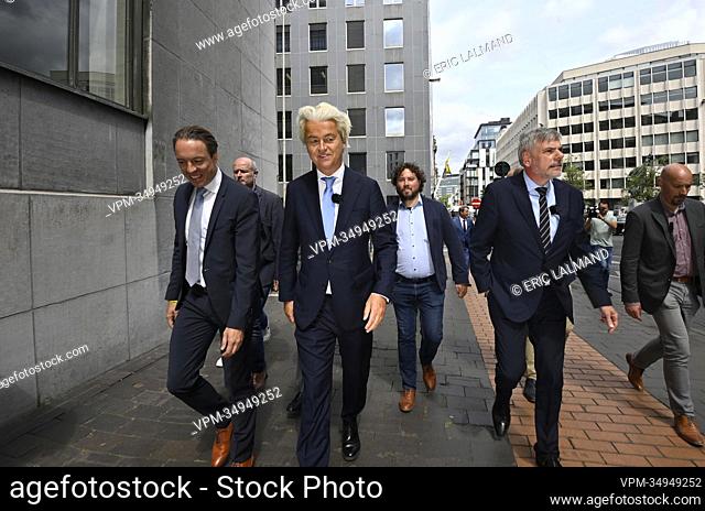 Vlaams Belang's Sam Van Rooy, Dutch far-right politician Geert Wilders and Vlaams Belang's Filip Dewinter pictured during a 'working visit' to...