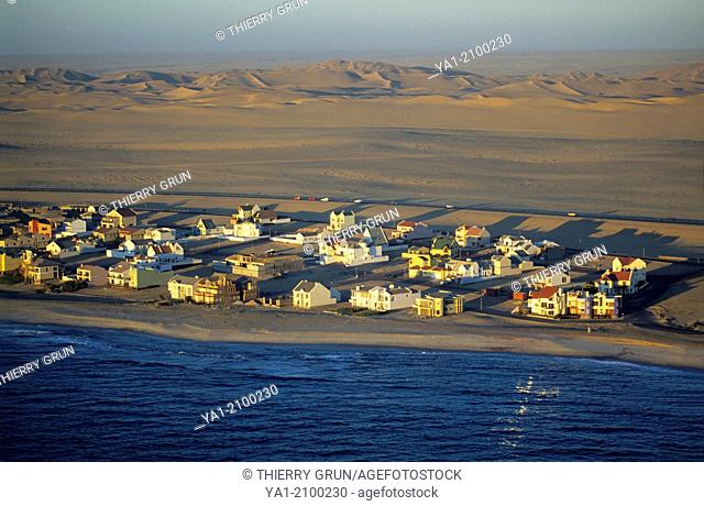 Aerial view of Dolfynstrand resort on Atlantic coast and Namib desert, Langstrand, Namibia, Africa