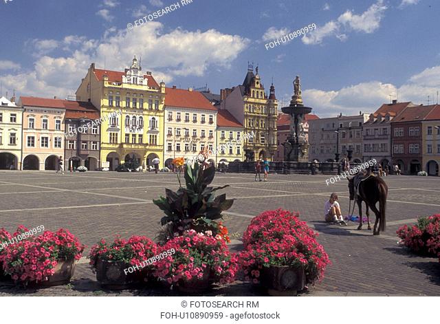 Ceske Budejovice, Czech Republic, Budweis, Southern Bohemia, Girl with her pony in The Great Square in Budweis