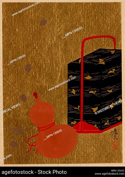 Lacquer Box and Gourd. Artist: Shibata Zeshin (Japanese, 1807-1891); Period: Edo period (1615-1868); Culture: Japan; Medium: Album leaf; lacquer on gold paper;...