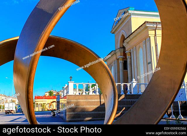 Town with Historical and cultural center park of First President Nursultan Nazarbayev with Monument of Metallurgists. Temirtau, Karaganda Region, Kazakhstan