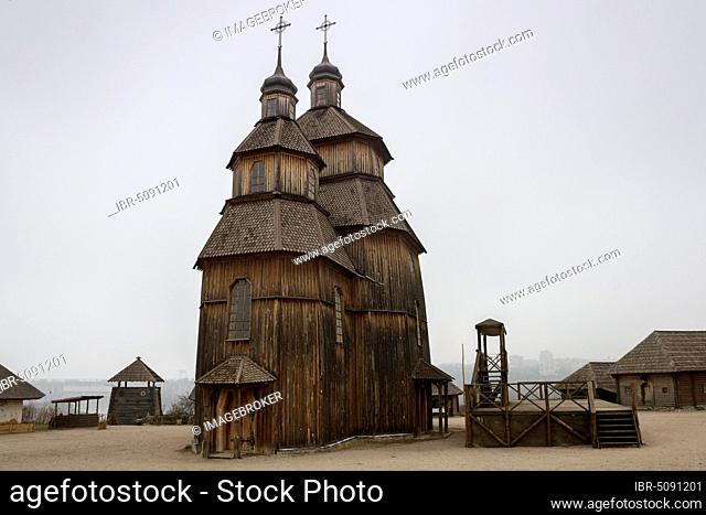 Wooden Orthodox Church in museum of Zaporizhian Cossacks Zaporizhian Sich of Khortytsia, Zaporozhye, Oblast Saporischschja, Ukraine, Europe