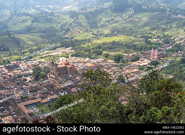 South America, Colombia, Departamento de Antioquia, Colombian Andes, Jericó, view of the Andean village of Jericó with its two prominent churches