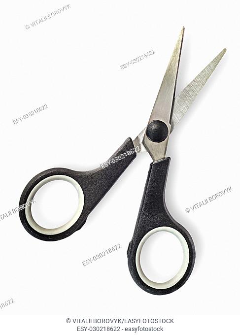 Disclosed small scissors with black handles isolated on white background