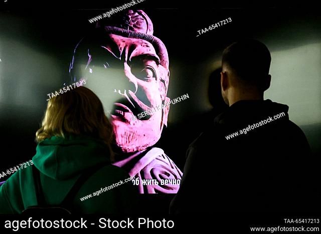 RUSSIA, MOSCOW - DECEMBER 2, 2023: People attend an exhibition titled ""The Terracotta Army: The Immortal Warriors of China"" at Pavilion 22 at the VDNKh...