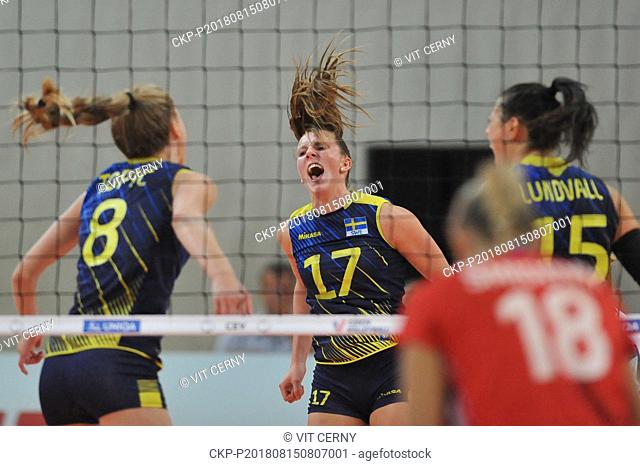 Swedish players celebrate in the Czech Republic vs Sweden game of women's volleyball European championship qualification in Jablonec nad Nisou, Czech Republic