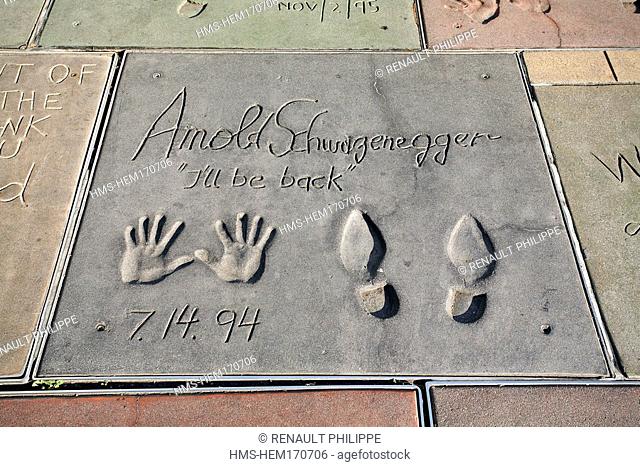 United States, California, Los Angeles, Hollywood, Hollywood Boulevard, famous hand and foot prints in front of the Mann's Chinese Theatre