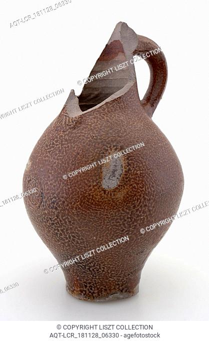 Stoneware Bartmann jug, also called Bellarmine jug, with small rosette on the belly, dark brown mottled glaze, Bartmann juggeruik tableware holder soil find...