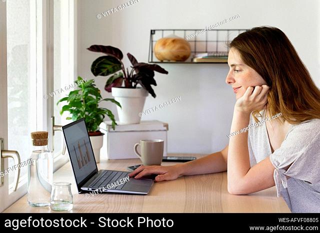 Female professional with hand on chin working on laptop at home office