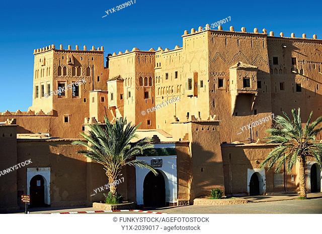 Exterior of the mud brick Kasbah of Taourirt, Ouarzazate, Morocco, built by Pasha Glaoui. A Unesco World Heritage Site