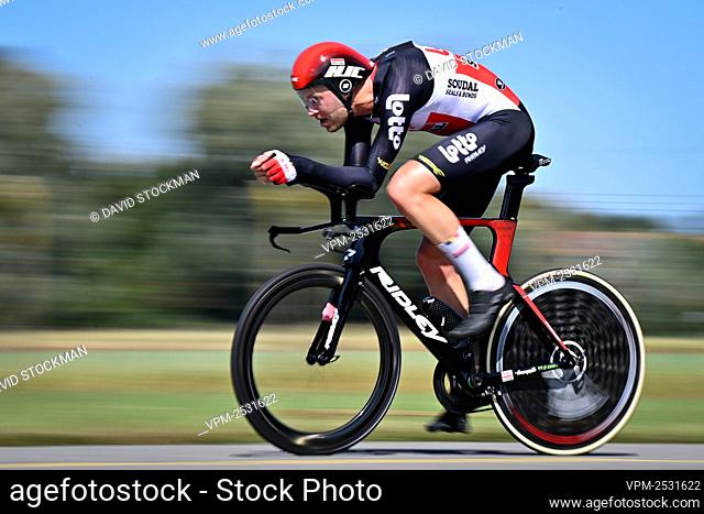 Belgian Frederik Frison of Lotto Soudal pictured in action during the men's elite individual time trial race of 42, 9km at the Belgian championships