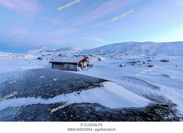 Isolated house in fields of ice and snow, Riksgransen, Abisko, Kiruna Municipality, Norrbotten County, Lapland, Sweden