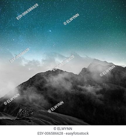 Famous mountain of Qilai North Peak under sky and mist in Taiwan, Asia