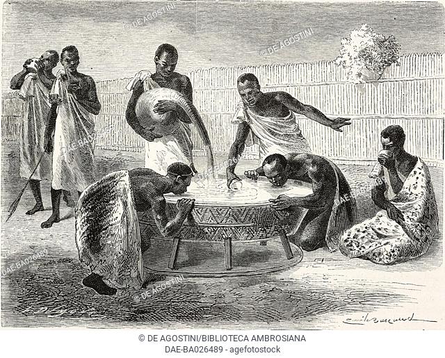Watering place for pombe (beer), for cooling off in Uganda, drawing by Emile Antoine Bayard (1837-1891), from Journal of the Discovery of the Source of the Nile