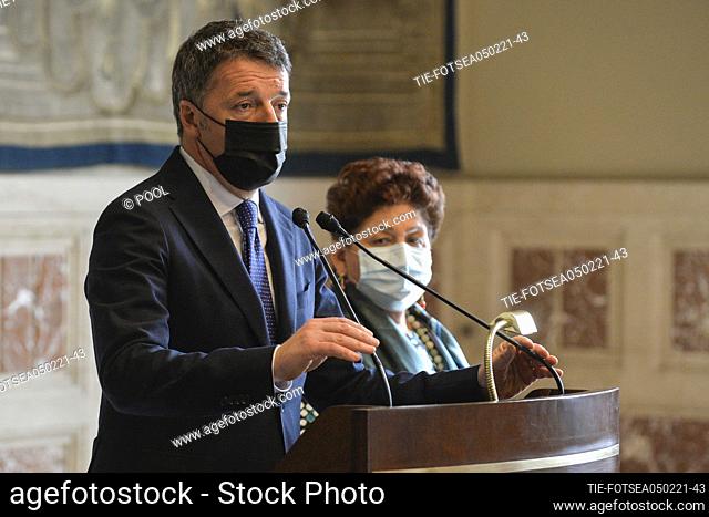 Matteo Renzi leader of Italia Viva party with Teresa Bellanova during a press conference after meeting with premier-designate Mario Draghi at the Chamber of...