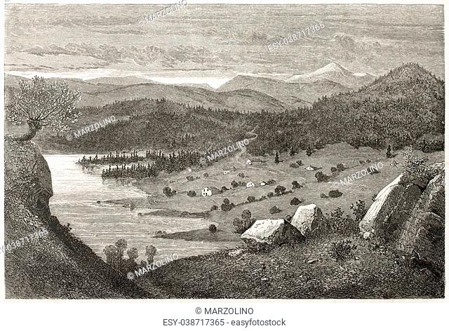 Bolkesjo valley old view, Norway. Created by Dore after Riant, published on Le Tour du Monde, Paris, 1860